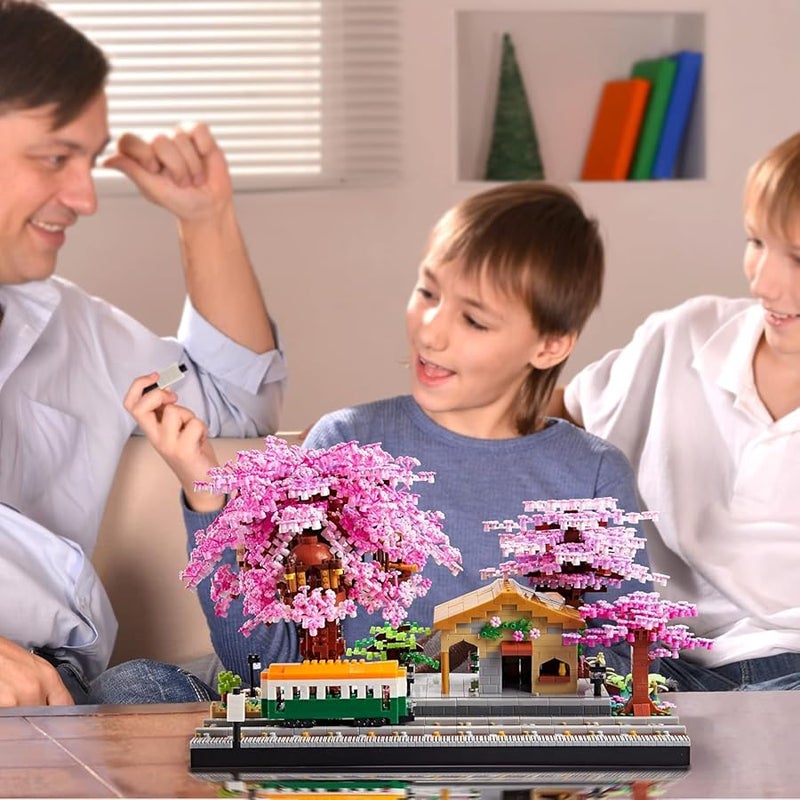 مجموعة مكعبات بناء بونساي شجرة الكرز مع نموذج قطار 1020 قطعة هدايا للأطفال والكبار - Image 2